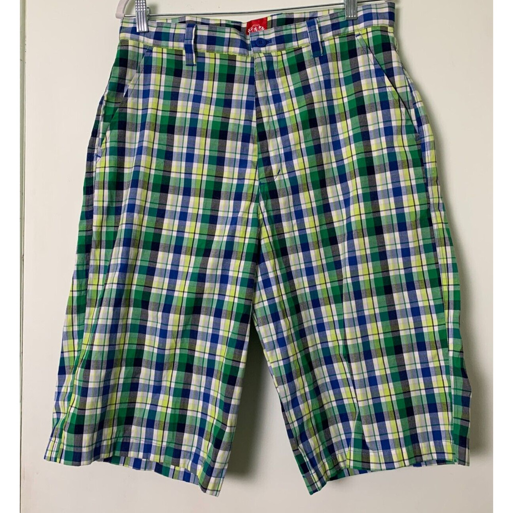 PJ Mark Plaid Green Blue Yellow Baggy Hip Hop Flat Front Shorts Size 34